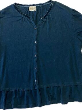 Wrap London Dark Navy Button-Front Ruffle Hem Blouse